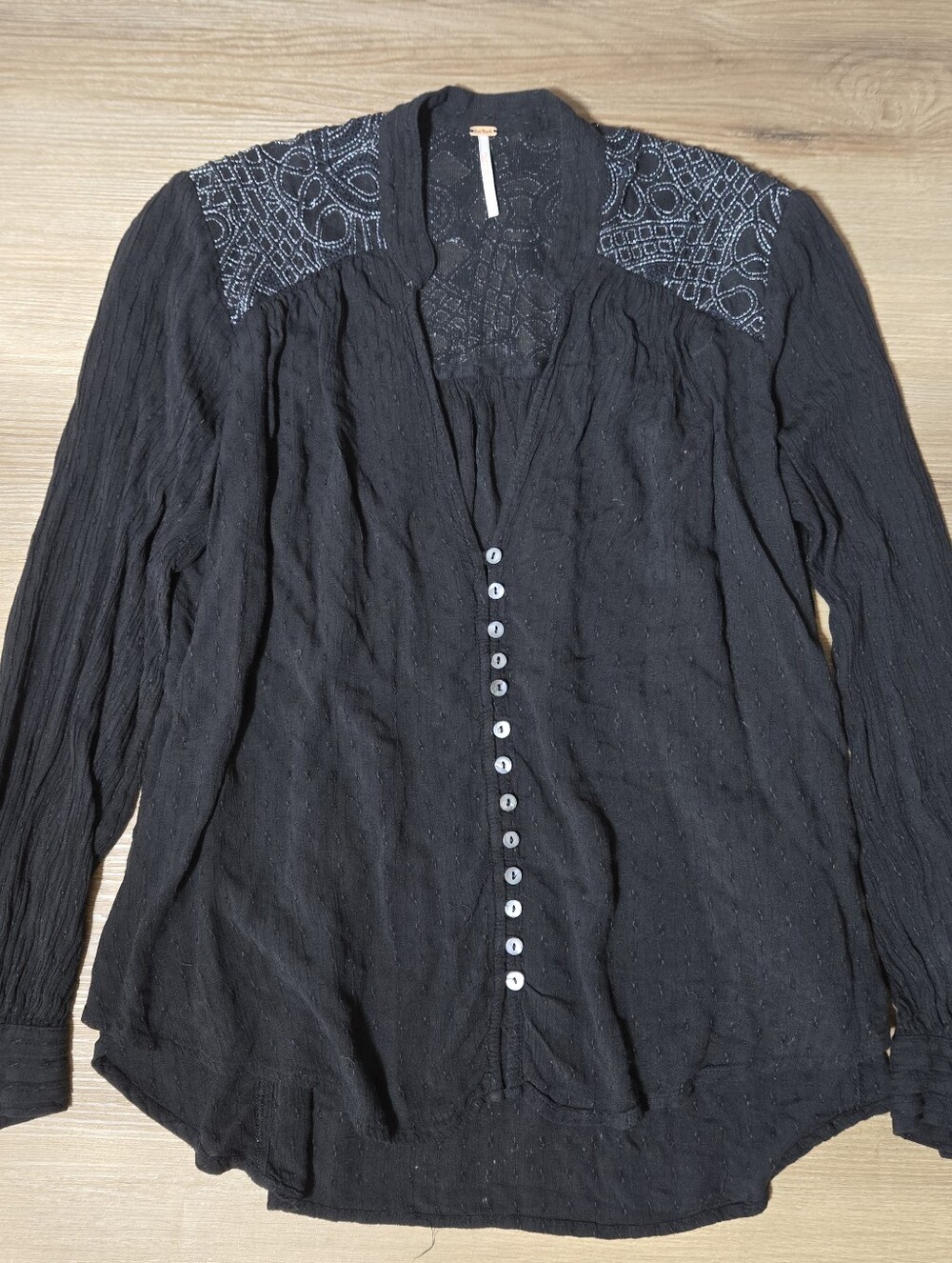 Free People Black Button-Down Top with Embroidered Shoulder Panels